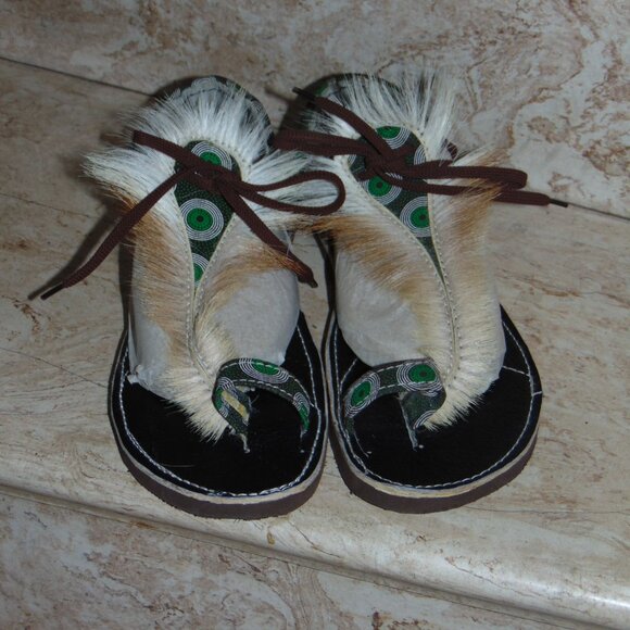 Boho Hippie African Springbok Fur Hide Zulu Imbadada Leather Batik Sandals Women - Picture 6 of 14